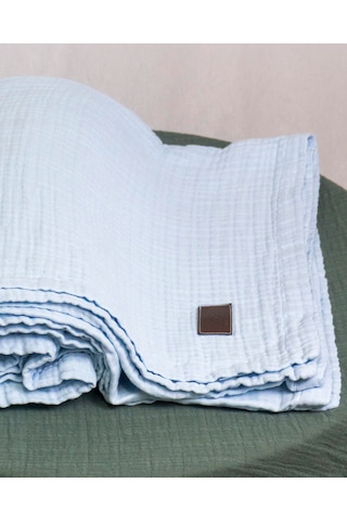 4 Katlı Müslin Yatak Örtüsü - Battaniye Pike %100 Organik Pamuk Dört Mevsim Yumuşak Çift Kişilik Açık Mavi