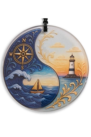 30 Cm Çap - Deniz Feneri, Pusula, Tekne Füzyon Cam Duvar Süsü