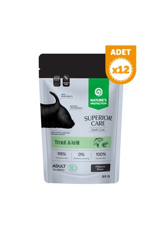 Nature S Protection Superior Care Koyu Tüylü Köpekler İçin Alabalıklı & Krilli Sos İçinde Yaş Köpek Maması 85g 12 Adet