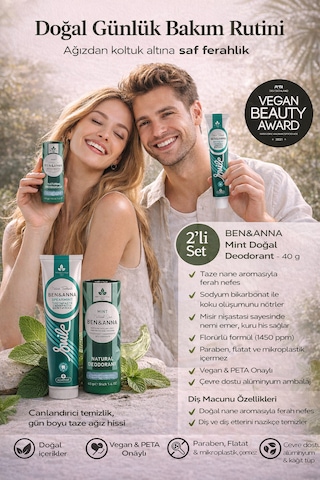 Ben & Anna Mint Doğal Bakım Nane Aromalı Florürlü Diş Macunu 75 Ml + Doğal Deodorant 40 G Vegan