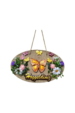 Jüt Hasır Zeminli "hoşgeldiniz" Kapı Süsü - Kelebek Ve Çiçek Motifli Dekoratif Askı 16x26 Cm