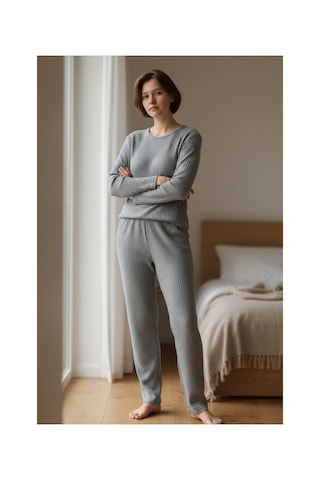 Feg Store Pamuk Gri Yumuşak Dokulu Fitilli Uzun Kollu Kadın Pijama Takımı