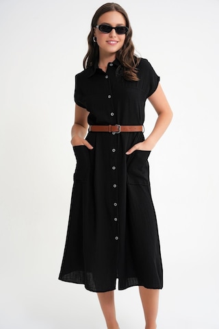 4453 Kadın Keten Cepli Midi Kemerli Elbise Siyah Siyah