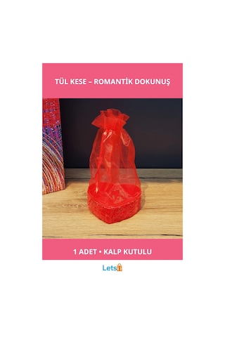 Şık Kırmızı Kalpli Tül Kese Hediyelik Ve Süsleme 16 Cm