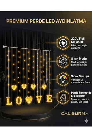 3 Metre Perde Led Işık - 8 Modlu Kalp Ve Love Figürlü Dekoratif Animasyonlu Led Renkli