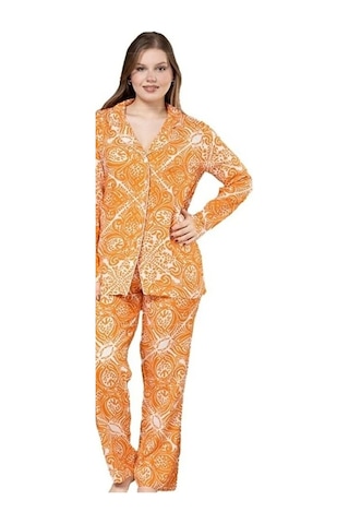 Yaren Collection Pamuklu Kadın Pijama Takımı Uzun Kollu Nefes Ala Turuncu