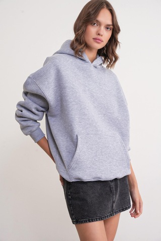 Mixray 2022 Unisex 3iplik Basic Polarlı Kapüşonlu Sweatshirt Hoodie Gri