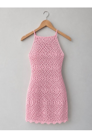 Neden Tekstil Ajurlu Sırt Dekolteli Transparan Beachwear - Mini Plaj Elbisesi - Pembe