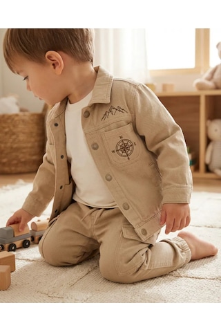 Erkek Bebek Bayramlık Takım Bej Gömlek Ceketli 3 Lü Uzun Kollu Üst + Jogger Pantolon Çocuk Takımı Bej