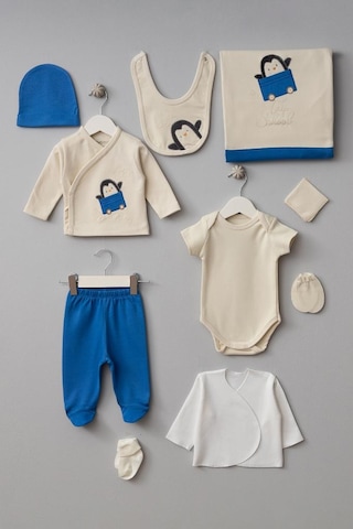 Bebitof %100 Pamuk Arabalı Penguen Desenli 10 Parça Kutulu Yenidoğan Hastane Çıkısı Seti Bbtf.mv.10094 Mavi