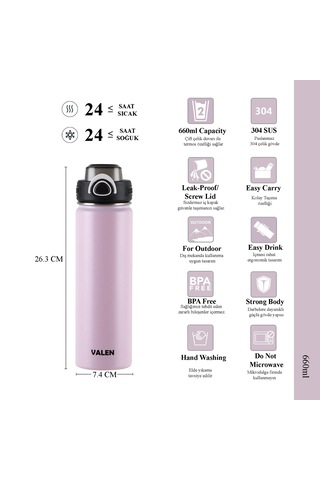 Çift Duvarlı Vakumlu Sport Termos 660ml / Pembe