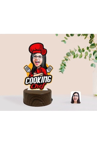 Kişiye Özel Kadın Chef Karikatürlü Dekoratif 3D Biblo Led Işıklı (481501217)