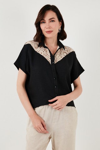 Lela Dantelli Relaxed Fit Kısa Kollu Bayan Gömlek 5865764 Siyah