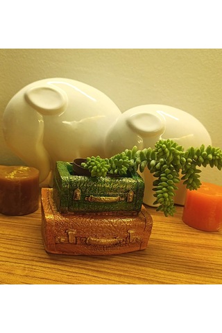 Artepieza Vintage Çift Bavul Saksı- Masaüstü Düzenleyici- Dekoratif Bavul Kalemlik Kahve-yeşil 12 8 1