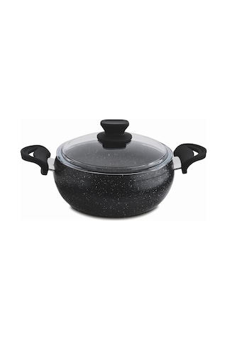 Granit Pro 18 Cm Derin Granit Güveç Tencere Siyah Bakalit Saplı Cam Kapaklı Yapışmaz