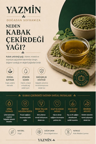 Yazmin Kabak Çekirdeği Yağı 250 Ml Cam Şişe Soğuk Sıkım %100 Saf Doğal Kabak Çekirdeği Yağı