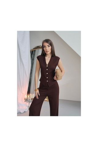 Paw Garage Kadın Julia Gold Düğme Detaylı Yelekli Palazzo Pantolon Takım - Yazlık Soft Modal Kumaş Füme