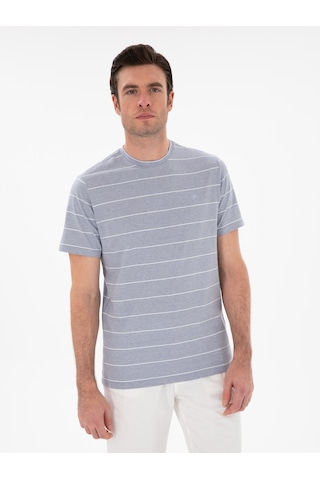 Beyaz Regular Fit Bisiklet Yaka Çizgili T-shirt Mavi