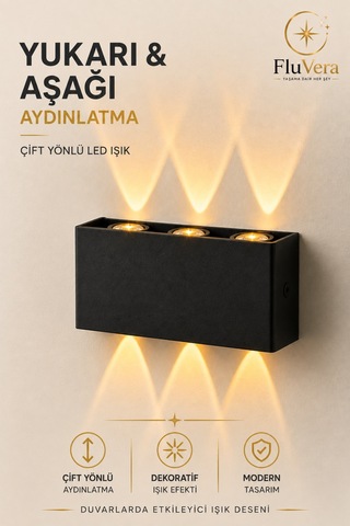 Pilli Amber 12w 3 Led Çift Taraflı Siyah Duvar Aplik Dekoratif Led Aydınlatma İç Dış Mekan Siyah