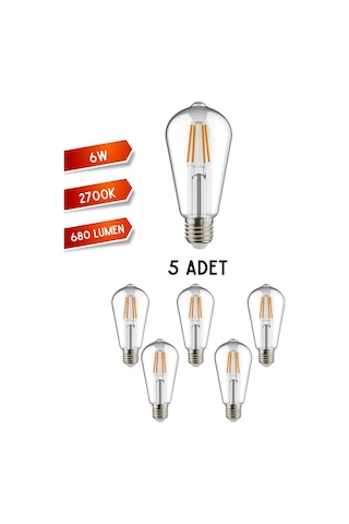 K2 Kes505 Led Filament Ampul 6w E27 Duy Günışığı - 5 Li Paket