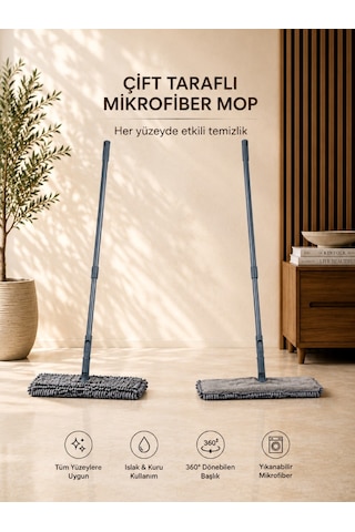 Çift Taraflı Mikrofiber Makarna Mop 360 Döner Başlıklı Islak Kuru Temizlik Mopu Yıkanabilir Bezli Vıchy-7029 40cm Hare