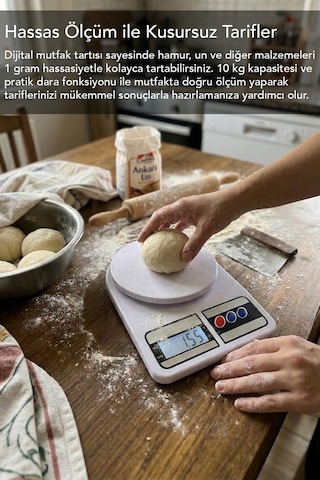 Hassas Mutfak Tartısı - 10kg Mutfak Terazisi Hassas Ölçüm Lcd Diijital Ekran Pil Hediyeli Beyaz