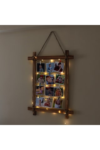 Ahşap Çerçeve Fotoğraf Çerçevesi Led Işıklı Ipli Renkli Mandallı Kahverengi