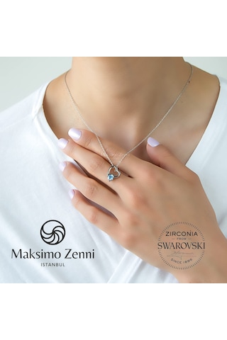 Swarovski Tek Taş Kadın Kalp London Blue Gümüş Kolye