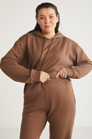 ETHIQUET TEREZABB Kadın Içi Polarlı Yumuşacık Comfort Fit Kapüşonlu Kanguru Cep Kahverengi Büyük Beden Sweatshirt