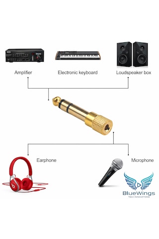 Blue Wings 6.35mm 3.5mm Jack Dönüştürücü Adaptör Altın Kaplama Amfi, Mikrofon, Kulaklık Uyumlu 5 Adet