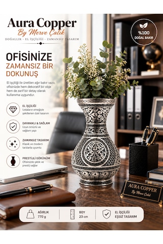 Aura Copper Dekoratif Bakır Vazo 23 Cm Ağır El İşlemeli El Yapımı Obje Çiçeklik Vz-00002