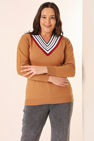 Şeritli V Yaka Büyük Beden Triko Kazak-35336-vizon Vizon