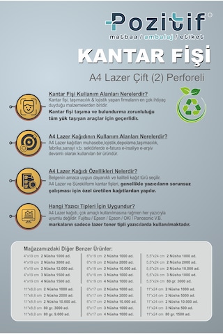 Pozitif Form A4 Lazer Kantar Fişi , 80 Gr , 2000 Adet , Çift Perforeli 1.hamur
