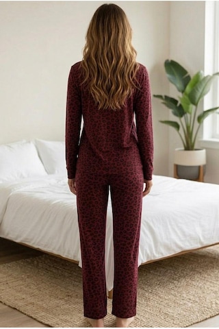 Siyah İnci Bordo Siyah Leopar Baskılı Düğmeli Örme Pijama Takım 7611 Bordo Leopar