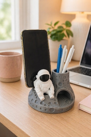 Astronot Figürlü Telefon Standlı Kalemlik Ay Yüzeyi Tasarımlı Masaüstü Organizer Ve Ofis Masa Düzenleyici