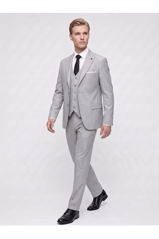 Tk6896 Erkek 3 Parça Slim Fit Çift Yırtmaçlı Takım Elbise Yelekli Şık Klasik Takım 6 Drop Açık Gri