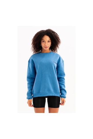 Justever Bisiklet Yaka Nakışlı Şardonlu İçi Polarlı Mavi Kadın Sweatshirt - Rigil Mavi