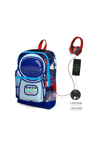 Coral High Okul Çantası Ve Termal Beslenme Çanta Seti - Erkek Çocuk Mavi Astronot Usb Ve Aux Çıkışlı