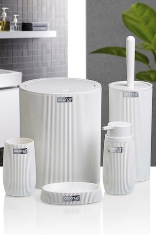 Çizgili 5 Parça Banyo Seti Çöp Kovası Tuvalet Fırçası Diş Fırçalık Sıvı Sabunluk Katı Sabunluk - Beyaz