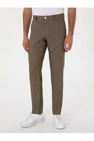 Cacharel Haki Slim Fit %100 Keten Klasik Pantolon Yesıl