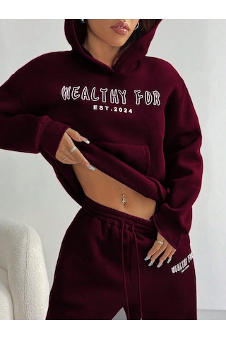 Macklin Unisex Kadın Erkek Healty For Baskılı Oversize 3 İplik Kapüşonlu Sweatshirt Ve Baggy Eşofman Altı Bordo