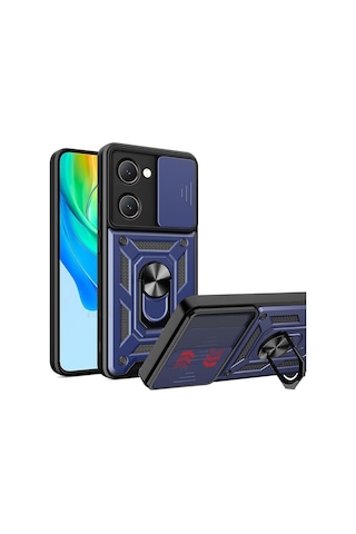 Vivo Y18e Uyumlu Tank Kılıf - Yüzüklü Standlı Extra Darbe Koruma Zırhlı Outdoor Kapak Lacivert