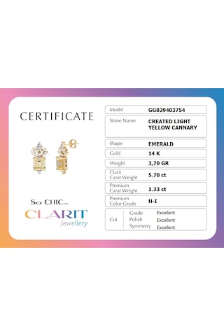 Created Light Yellow Canary Taşlı Zümrüt Kesim 14 Ayar Sarı Altın Küpe