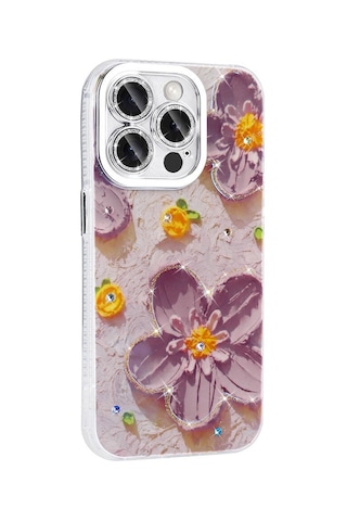 Apple Uyumlu iPhone 14 Pro Max Kılıf Çiçek Desenli Parlak Taşlı Sert Silikon Garden Kapak Colorful Colorful