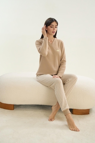 Kadın V Yaka Uzun Kol Bej Pijama Takım C0t8n0o61 001