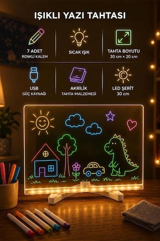Işıklı Çizim Boyama Tahtası 7 Adet Kalem Hediyeli Neon Işıklı Eğitici Tahta