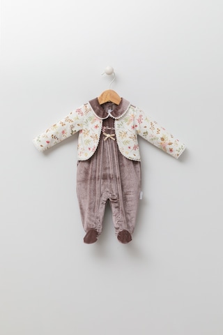 Babyhola Kadife Patikli Kız Bebek Tulum 0-12 Ay Retro Ceketli Görünümlü Hediyelik Nostaljik Bayramlık 13433 Kahverengi