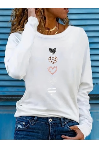 Kadın Uzun Kollu Bisiklet Yaka Desenli Viskon Bluz Beyaz