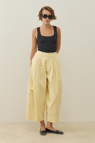 Molene Sarı Kargo Cepli Crop Keten Pantolon