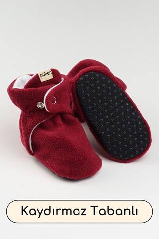 Organik Pamuk Astarlı, Bebek İlk Adım Ayakkabısı, Kaydırmaz Taban, Bebek Pandufu, Bej Patik Kırmızı